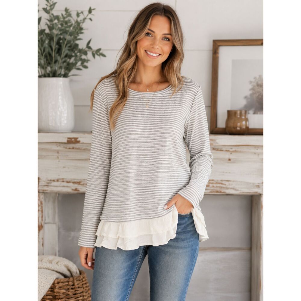 Umgee Gray & White Striped Long Sleeve Ruffle Hem Tunic Top Slouchy Capsule